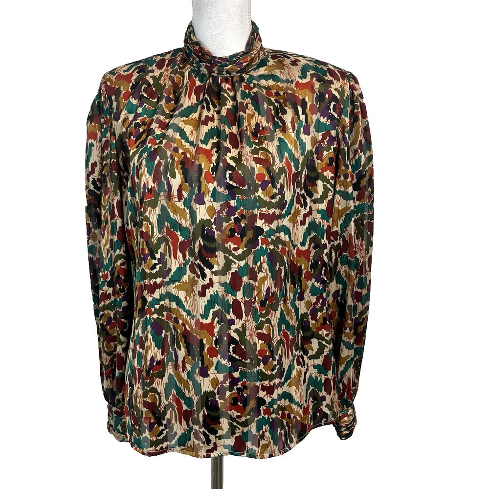 Vintage Notations Blouse sz 10 Orange Green Purple Career Shoulder Pads 90's Y2K